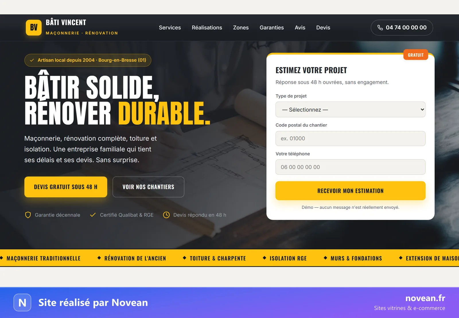 Exemple de site internet pour artisan du bâtiment réalisé par Novean